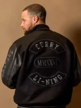 The back view of the Stephen Curry MMXXVI Li-Ning Jacket highlighting the smooth wool grain and premium leather sleeves.