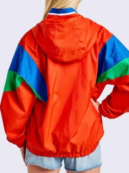 The back view of the Pokemon Hoenn Starter Jacket highlighting the bright orange color and clean shoulder seams.