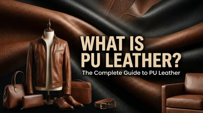 What is PU leather guide banner showing PU leather jacket, accessories, and textured material surface