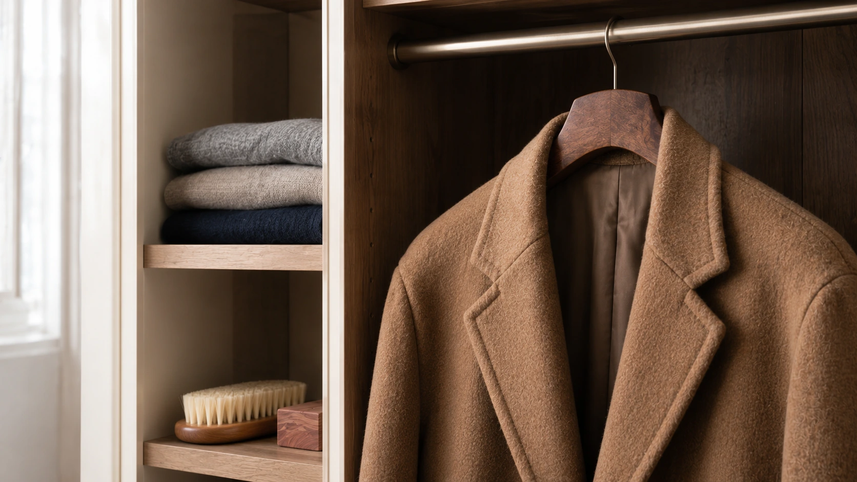 Wool coat hanging on a wide wooden hanger beside a clothes brush and cedar block