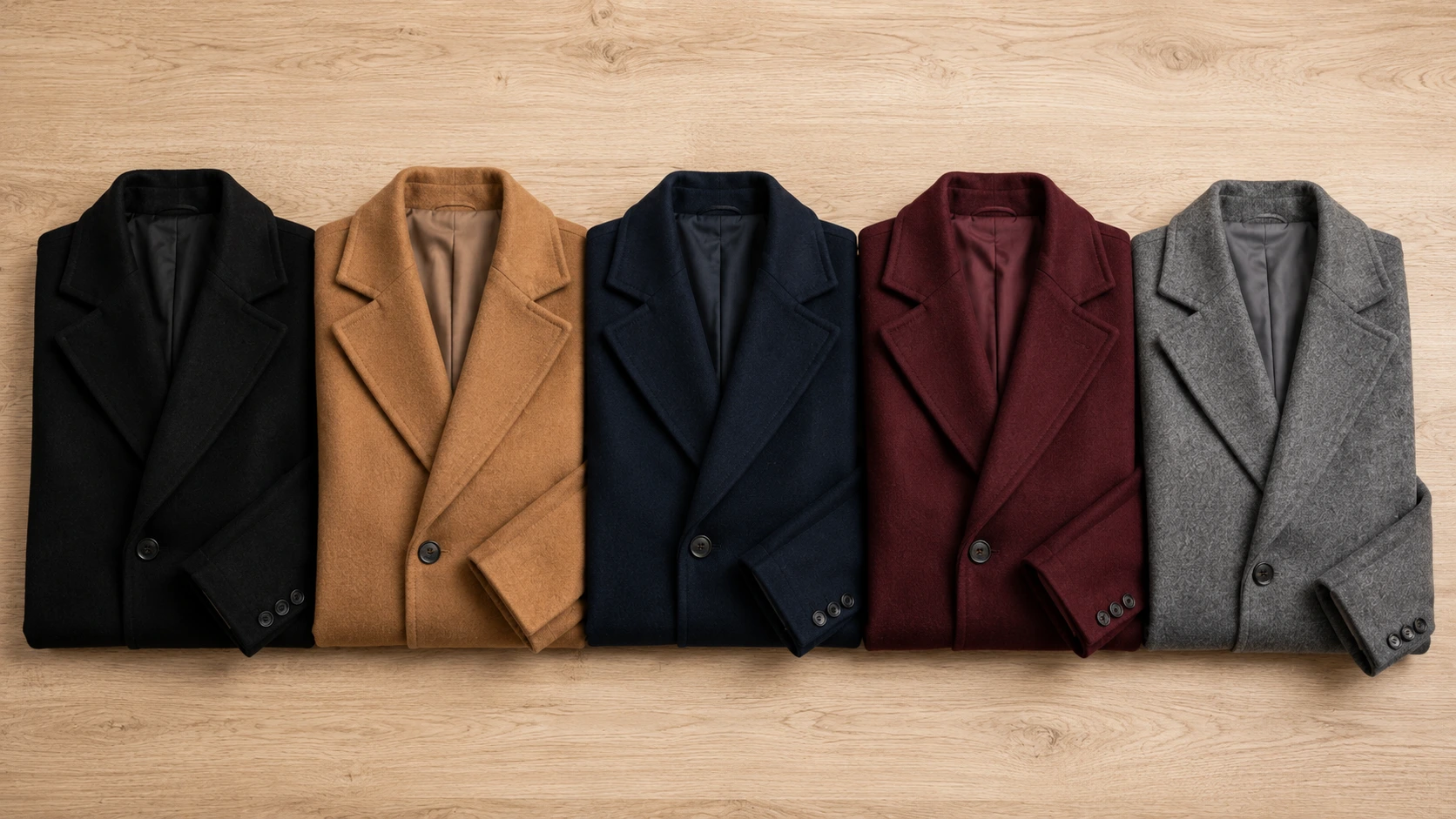Flat lay of five folded wool coats in black, camel, navy, burgundy, and grey