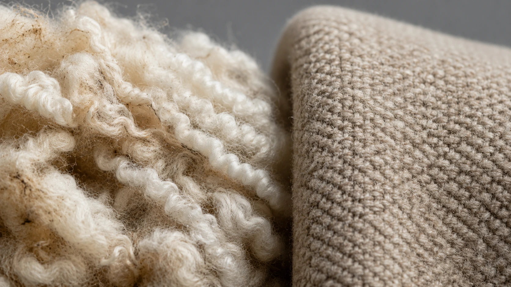 Macro close-up of raw wool fiber beside woven wool fabric showing natural texture