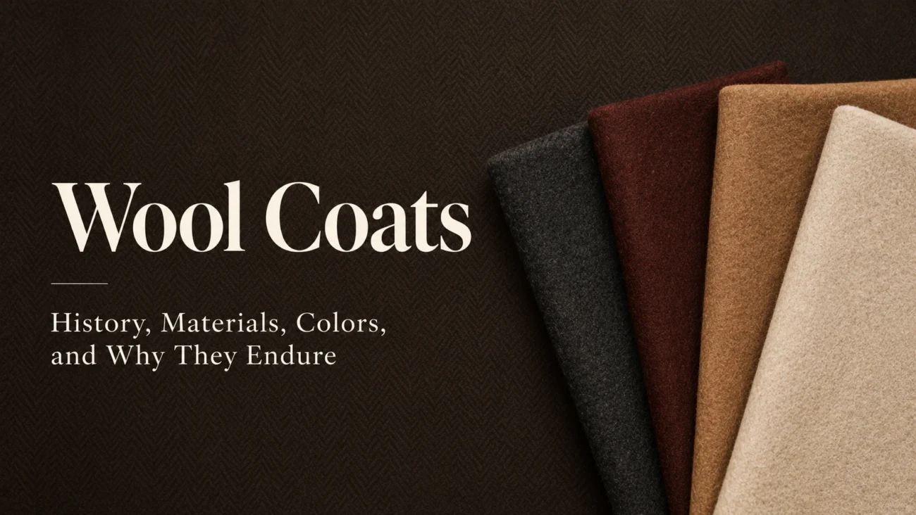 Banner for a guide to wool coats, with fabric swatches in charcoal, burgundy, camel, and cream