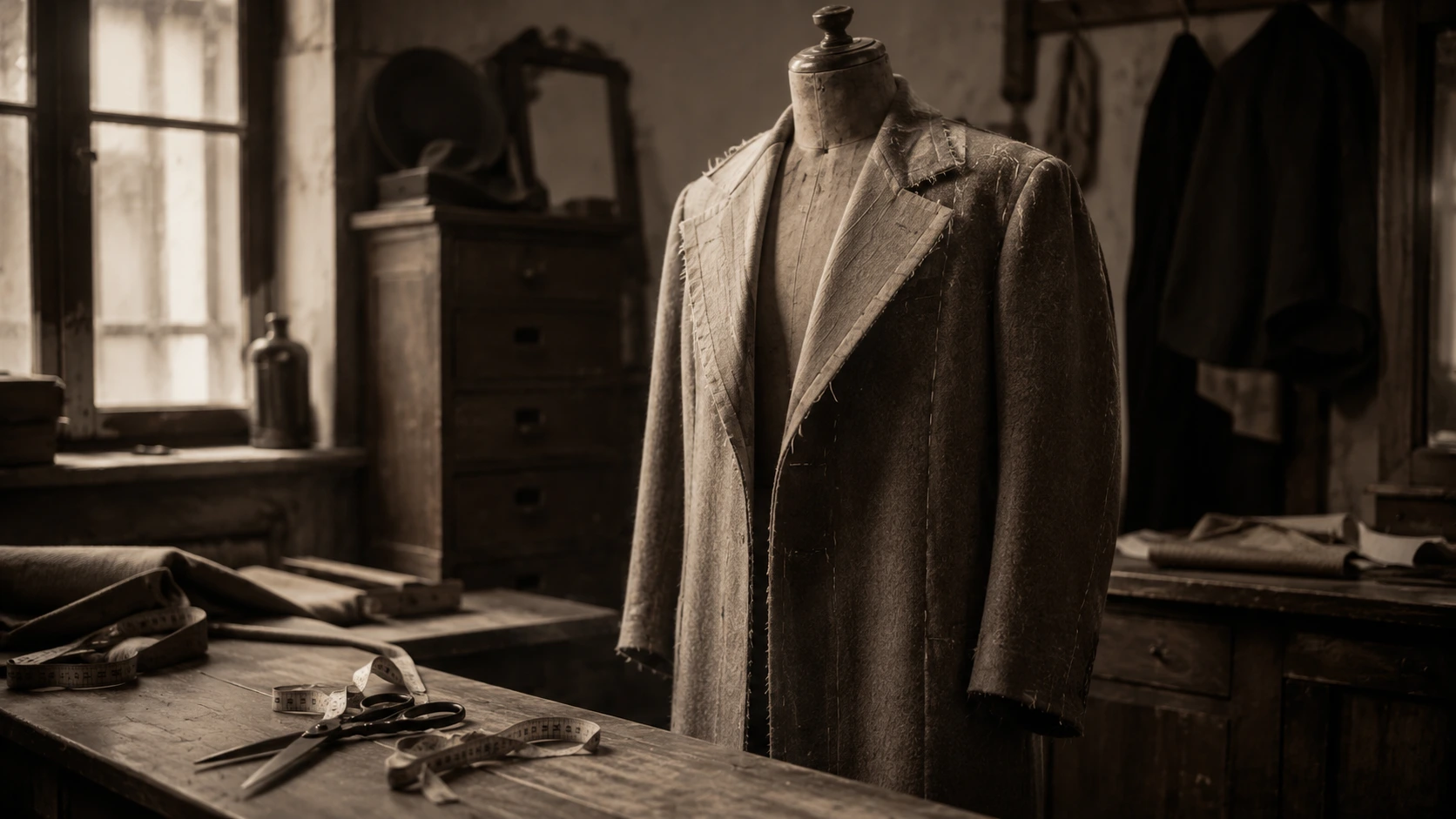 Vintage tailor's workshop with a half-finished wool overcoat on a dress form