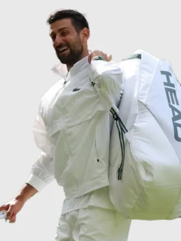 Novak Djokovic White Lacoste Jacket featuring premium sportswear craftsmanship, lightweight construction, and classic Wimbledon-inspired style