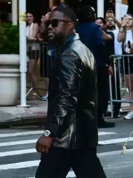 Black real leather Kevin Hart 72 Hours Premiere NYC Blazer featuring a lapel collar and front button closure.