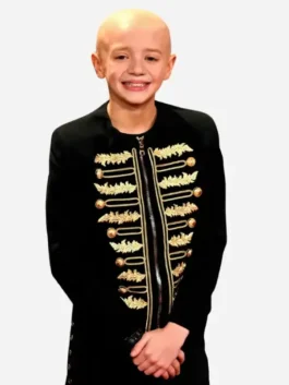 Front view of the black wool A Knight of the Seven Kingdoms Dexter Sol Ansell Jacket showcasing full length sleeves and embroidered details.