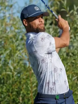 Stephen Curry ACC Palm Tree Polo Shirt with a vibrant palm tree print, shirt style collar, and half button closure.