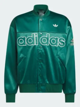 Front view of the green Adidas Green Varsity Jacket putting the full bold Adidas Originals varsity design on display for every streetwear fan