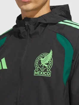 Black Mexico 26 Tiro All Weather Jacket from Adidas celebrating Mexico's proud football heritage at the 2026 FIFA World Cup tournament