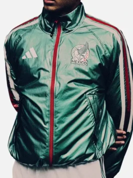 Front view of the green World Cup 2026 Mexico Anthem Jacket putting the full El Tri 2026 World Cup identity on bold display