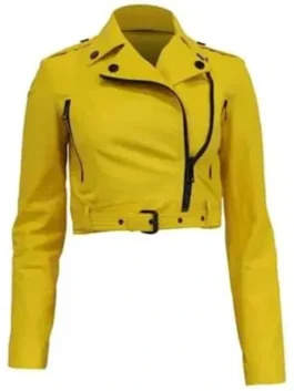 Front view of the yellow real leather The Royals Alexandra Park Yellow Jacket detailing the lapel collar and zipper closure.
