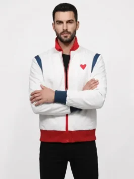 Close-up front profile of the white All of Us Are Dead Yoon Gwi Nam Jacket highlighting the stand-up collar and smooth zip closure.