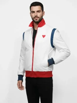 Front view of the white All of Us Are Dead Yoon Gwi Nam Jacket featuring a stand up collar and front zipper closure.