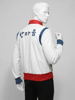 Rear view of the white polyester All of Us Are Dead Yoon Gwi Nam Jacket showing crisp back panels and neat stitching.