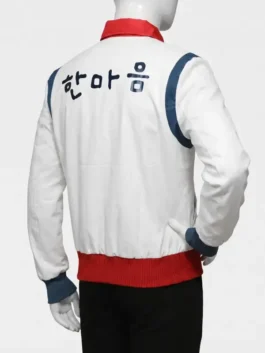 Full profile view of the white polyester All of Us Are Dead Yoon Gwi Nam Jacket detailing three spacious utility pockets.
