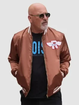 Rich brown satin Howie Mandel America’s Got Talent Brown Jacket featuring a rib knitted collar and front zipper closure.