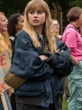 Bright blue satin Angourie Rice Finding Emily Bomber Jacket featuring a shirt style collar and zipper front.