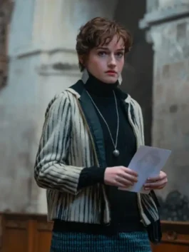 Front view of the fleece Apartment 7A Julia Garner White Jacket highlighting the full-length sleeves.