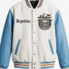 Argentina Halloween Varsity Jacket in premium black and white wool and leather with rib knitted collar.