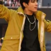 Mustard Arirang London Jungkook Cyberpunk Jacket worn by Jungkook during the Arirang London Tour bringing bold cyberpunk style to the stage