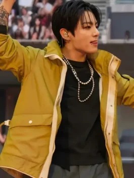 Mustard Arirang London Jungkook Cyberpunk Jacket worn by Jungkook during the Arirang London Tour bringing bold cyberpunk style to the stage