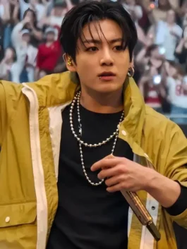 Front view of the mustard Arirang London Jungkook Cyberpunk Jacket putting the full cyberpunk inspired Jungkook Arirang London Tour design on display