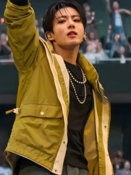 Model view of the mustard Arirang London Jungkook Cyberpunk Jacket showcasing the full fit of this iconic Jungkook Arirang London Tour cyberpunk piece