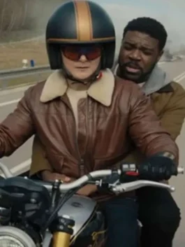 Brown real leather Matchbox the Movie Arturo Castro Leather Jacket showcasing full length sleeves and a soft fur collar.
