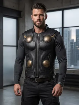 Sleek black real leather Avengers Doomsday Thor Black Leather Vest featuring a stand up collar and front zipper closure.