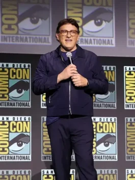 Front view of the blue polyester Avengers Doomsday Anthony Russo Jacket showcasing full sleeves and a zip front.