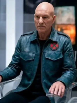 Dark blue real leather Avengers Doomsday Charles Xavier Jacket featuring a shirt style collar and zip front closure.