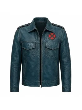 Front profile of the dark blue Avengers Doomsday Charles Xavier Jacket showcasing the zipper closure and four utility pockets.