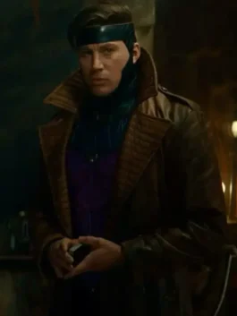 Front view of the brown leather Avengers Doomsday Gambit Coat showcasing the full-length sleeves and button closure.