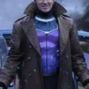 Close-up front profile of the Avengers Doomsday Gambit Coat detailing the wide lapels and premium stitching.