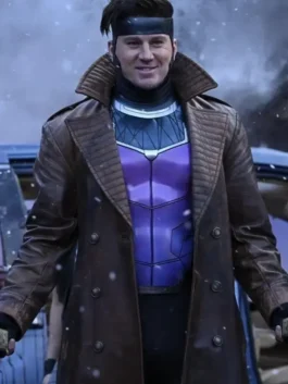 Close-up front profile of the Avengers Doomsday Gambit Coat detailing the wide lapels and premium stitching.