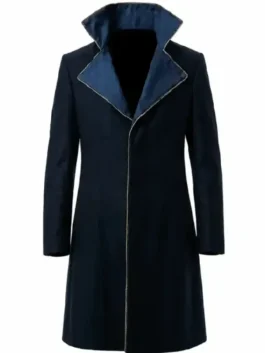 Front view of the dark blue Avengers Doomsday Namor Wool Coat putting the full regal Namor inspired Avengers Doomsday design on bold display