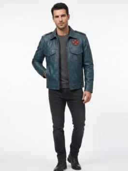 Full view of the dark blue Avengers Doomsday Charles Xavier Jacket highlighting the six spacious storage pockets.