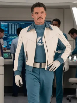 Full front view of the Avengers Doomsday Reed Richards Bomber Jacket highlighting the three utility pockets and zipper front.