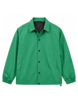 Front view of the green cotton Avengers Doomsday Promo Chris Evans Jacket featuring a shirt style collar and button closure.