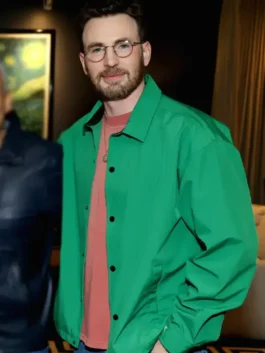 Full view of the green cotton Avengers Doomsday Promo Chris Evans Jacket showcasing its button closure and full-length sleeves.