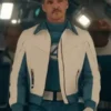 Front view of the white and blue PU leather Avengers Doomsday Reed Richards Bomber Jacket featuring a shirt style collar and zipper closure.