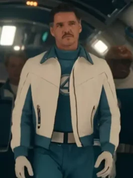 Front view of the white and blue PU leather Avengers Doomsday Reed Richards Bomber Jacket featuring a shirt style collar and zipper closure.