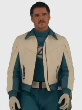 White and blue Avengers Doomsday Reed Richards Bomber Jacket detailing the rib knitted cuffs and smooth full-length sleeves.