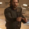 Close-up profile of the black Avengers Doomsday Steve Rogers Jacket detailing the rib knitted collar and sleek finish.