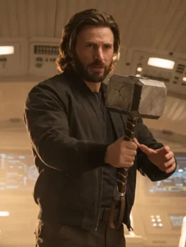 Close-up profile of the black Avengers Doomsday Steve Rogers Jacket detailing the rib knitted collar and sleek finish.