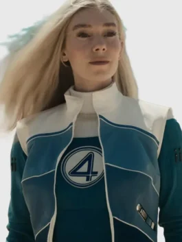 Blue and white cotton Avengers Doomsday Susan Storm Vest featuring a stand up collar and front zipper closure.