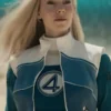 Front view of the blue and white Avengers Doomsday Susan Storm Vest highlighting the zipper front and sleeveless design.