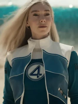 Front view of the blue and white Avengers Doomsday Susan Storm Vest highlighting the zipper front and sleeveless design.