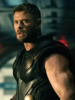Front profile of the black real leather Avengers Doomsday Thor Black Leather Vest highlighting its zipper closure and sleeveless cut.